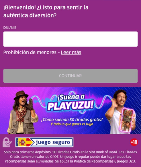 Registration at Playuzu casino